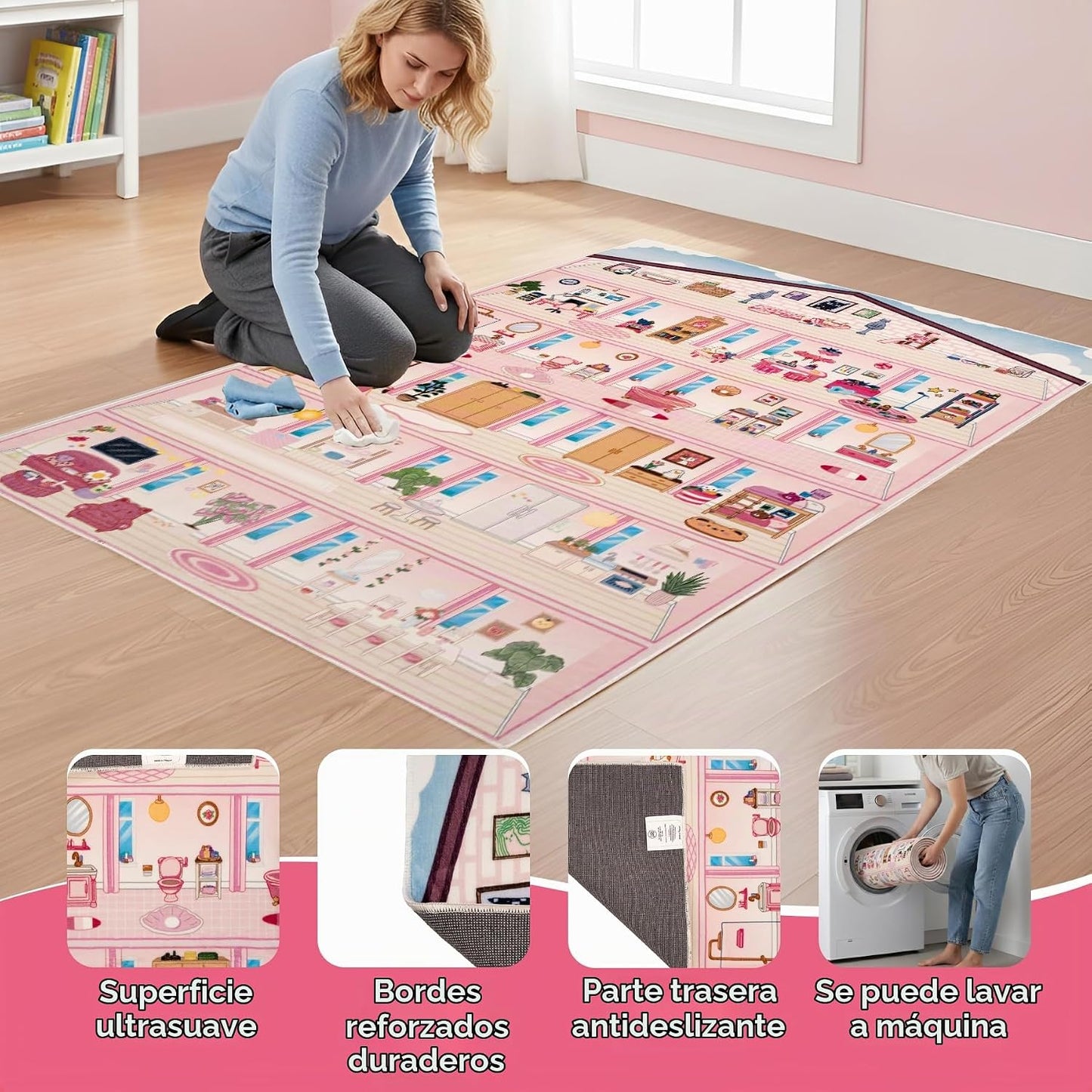 Rug&amp;Play Alfombra de juego de casa de muñecas rosa ultra suave...