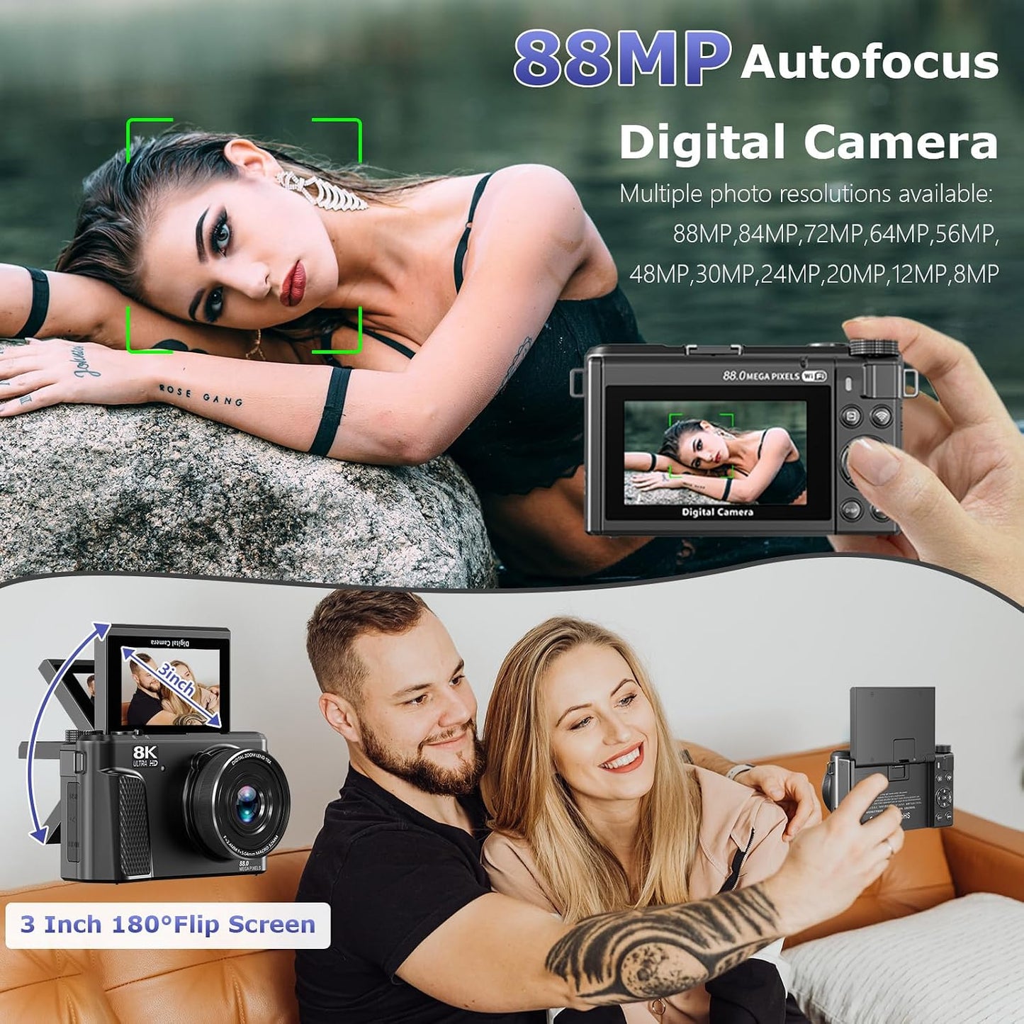 Cámara digital 8K para fotografía, cámara de vlogging de enfoque au...