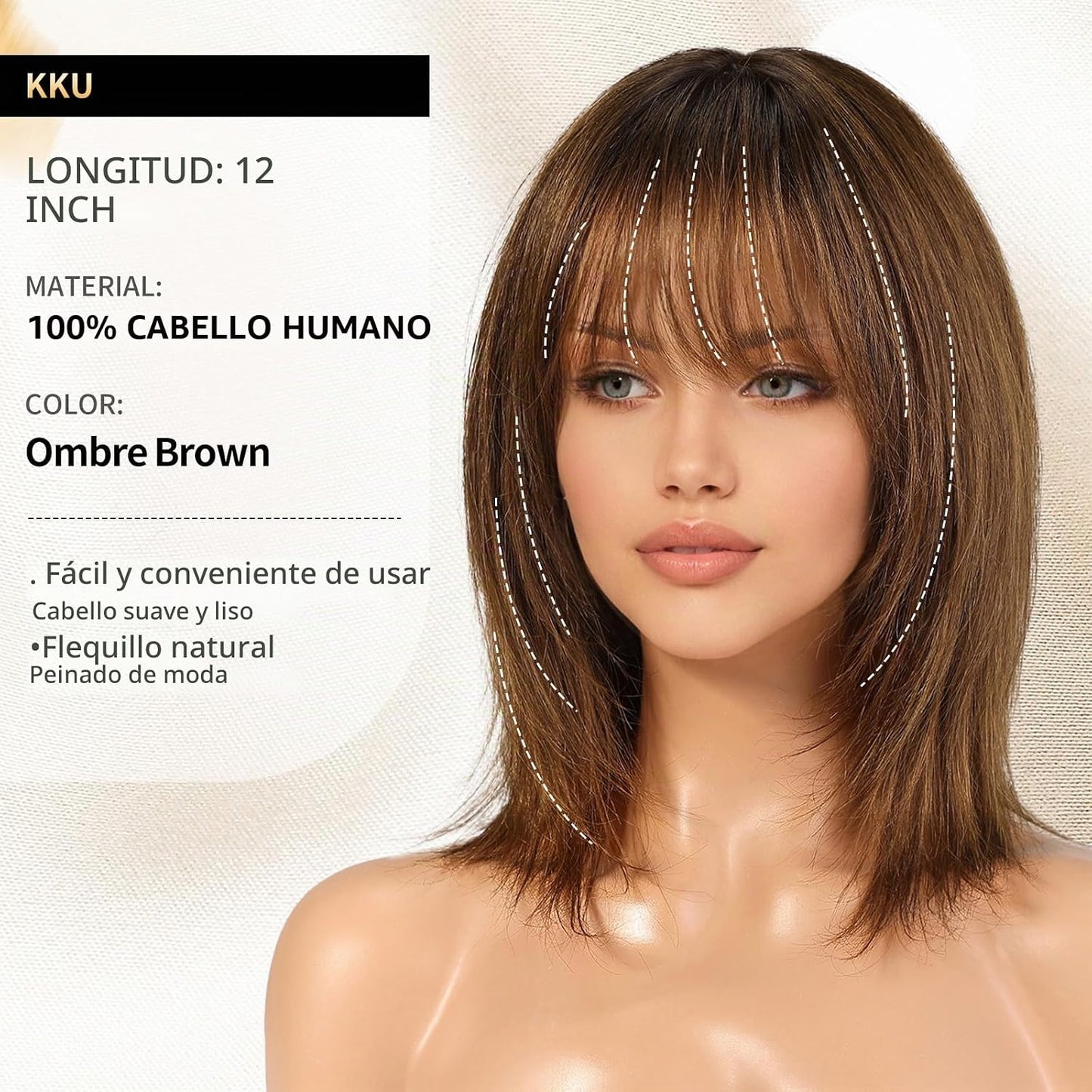 KKU Pelucas de cabello humano marrón degradado de 12 pulgadas para...
