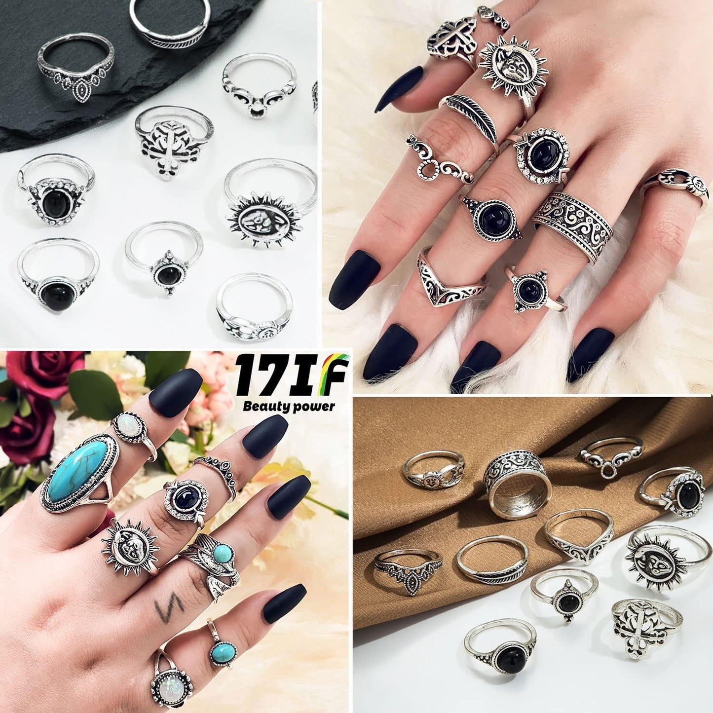 17IF Juego de anillos de nudillos plateados vintage para mujeres y...