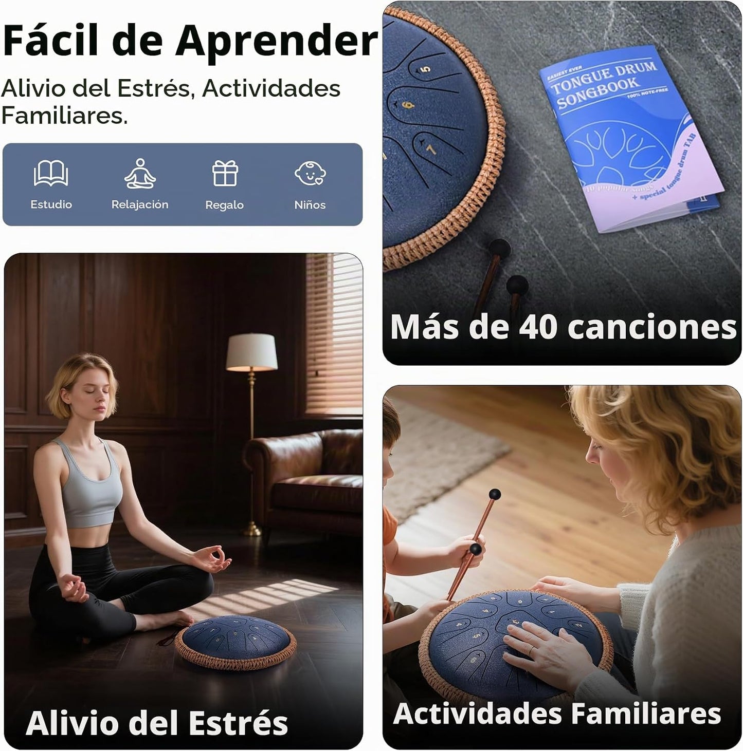 Tambor de Lengua de Acero, 13 Pulgadas, 15 Notas Handpan Drum en Do...
