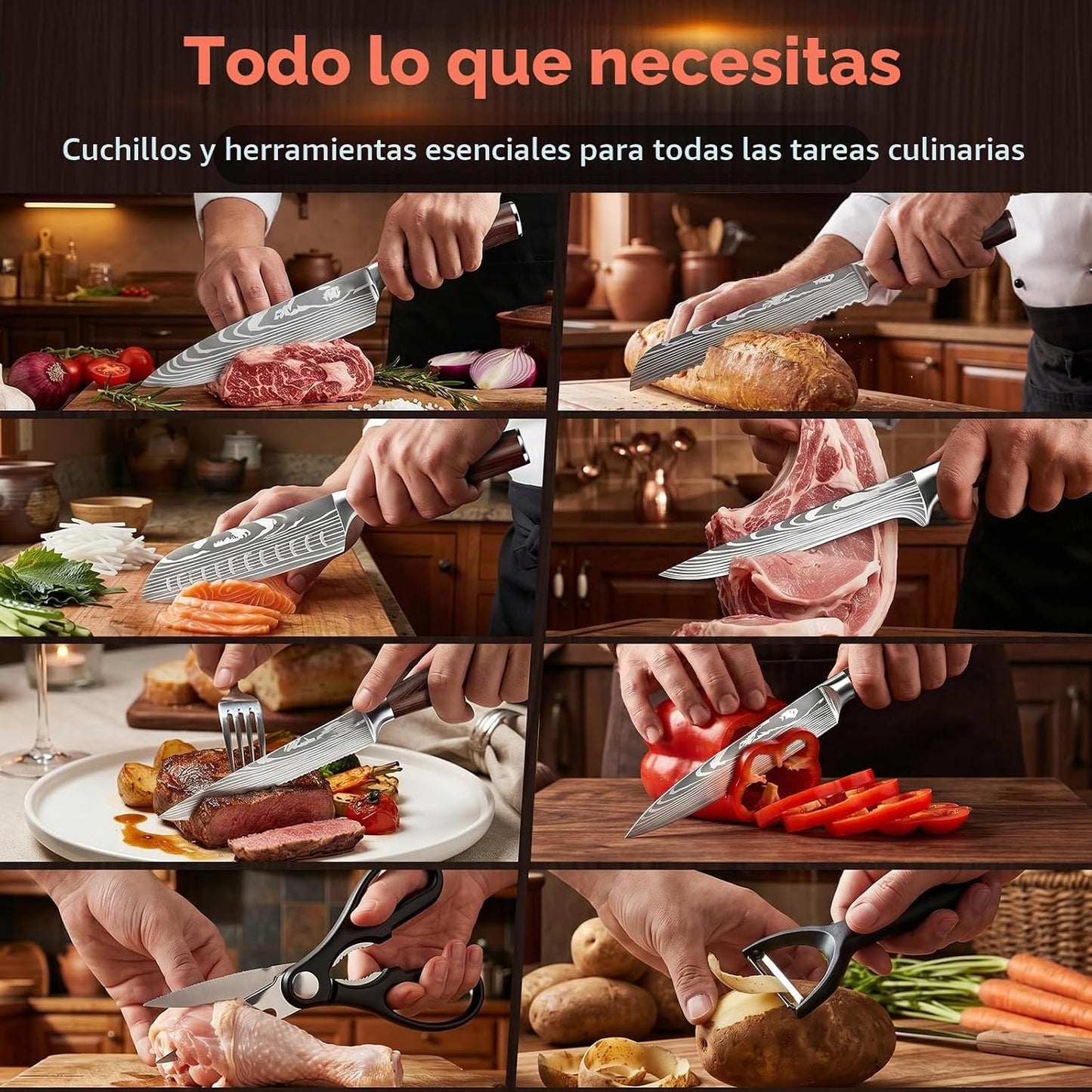 Juego de cuchillos de cocina con bolsa de rollo, juego de 9 cuchill...