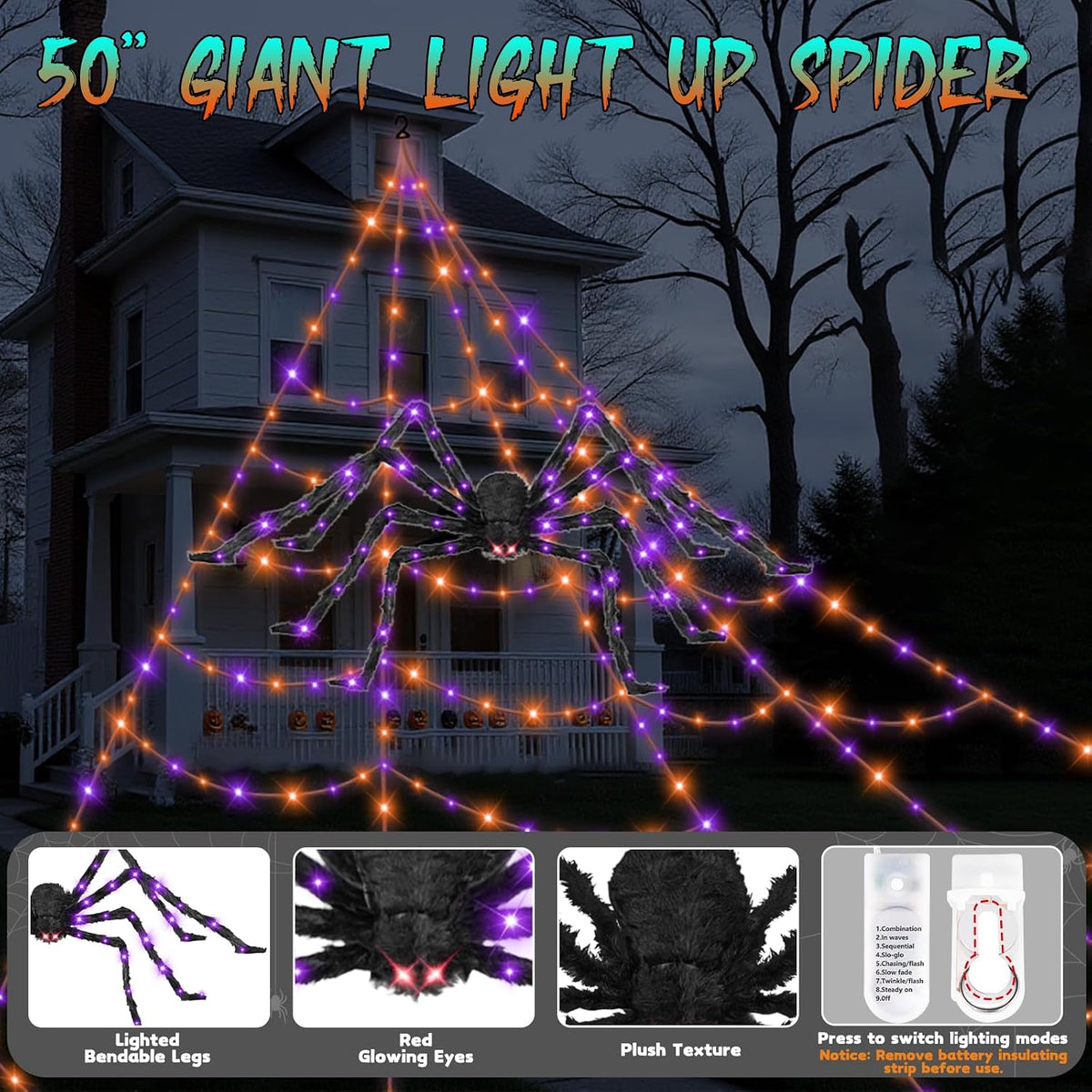 Decoraciones de Halloween al aire libre con araña gigante brillante...