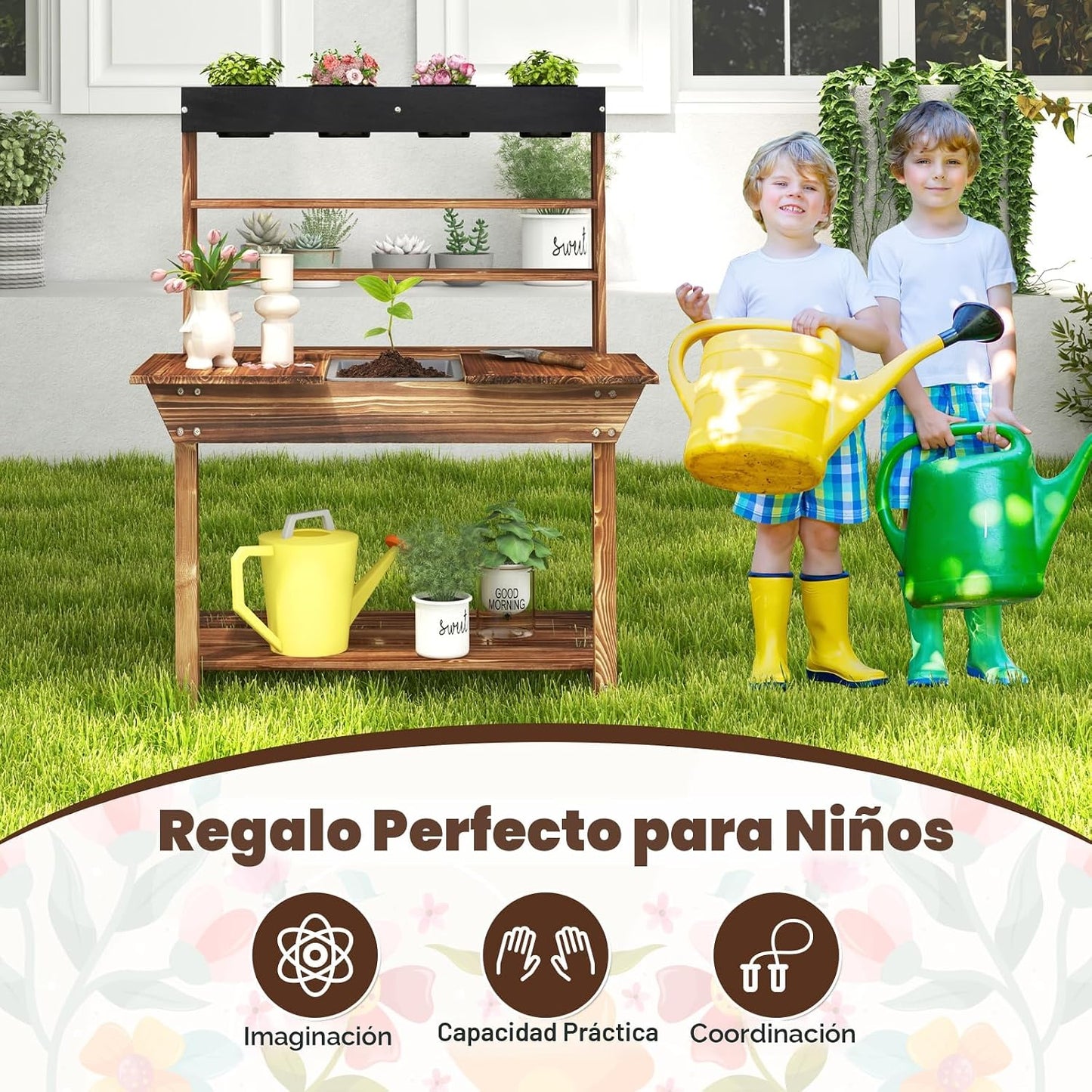 Costzon Banco de macetas para niños, centro de jardinería de juguet...