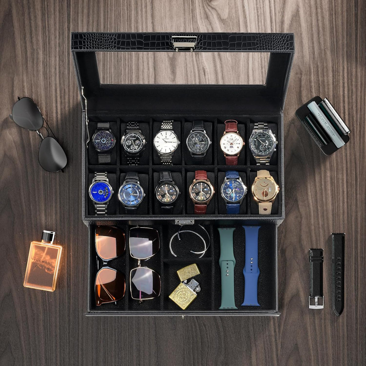 ProCase Caja de reloj, Caja de reloj para hombres con 12 ranuras y...