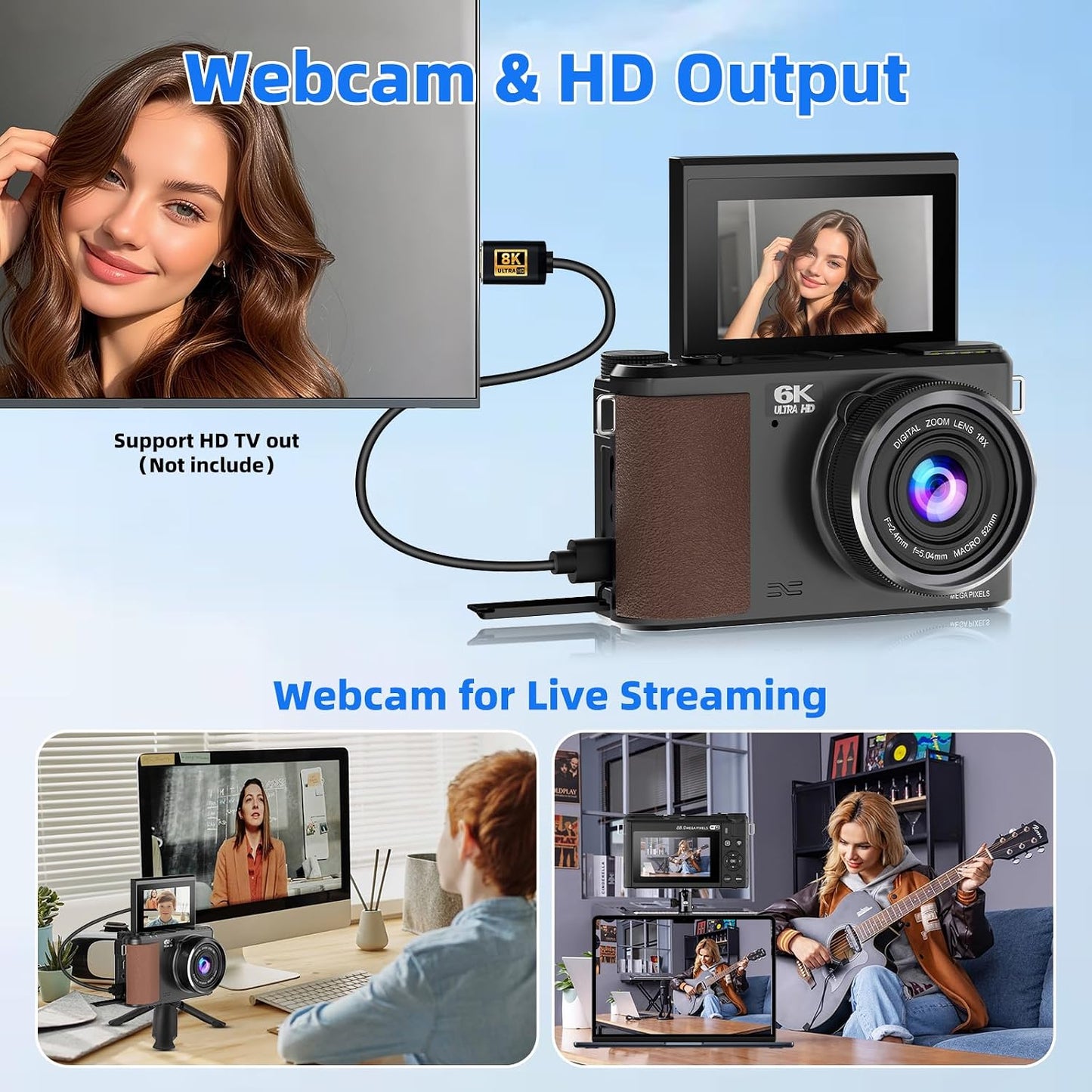 Ourlife Cámara digital de 88 MP 6K, cámaras WiFi para fotografía, c...