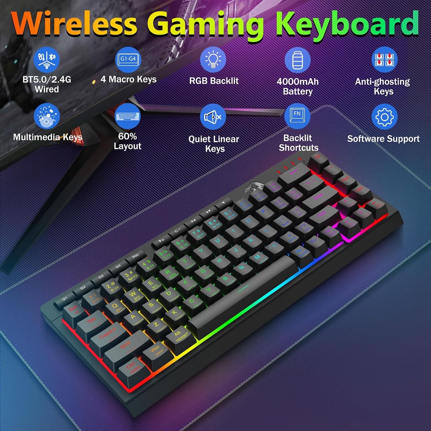 Redragon Combo de teclado y mouse inalámbricos para juegos, Bluetoo...