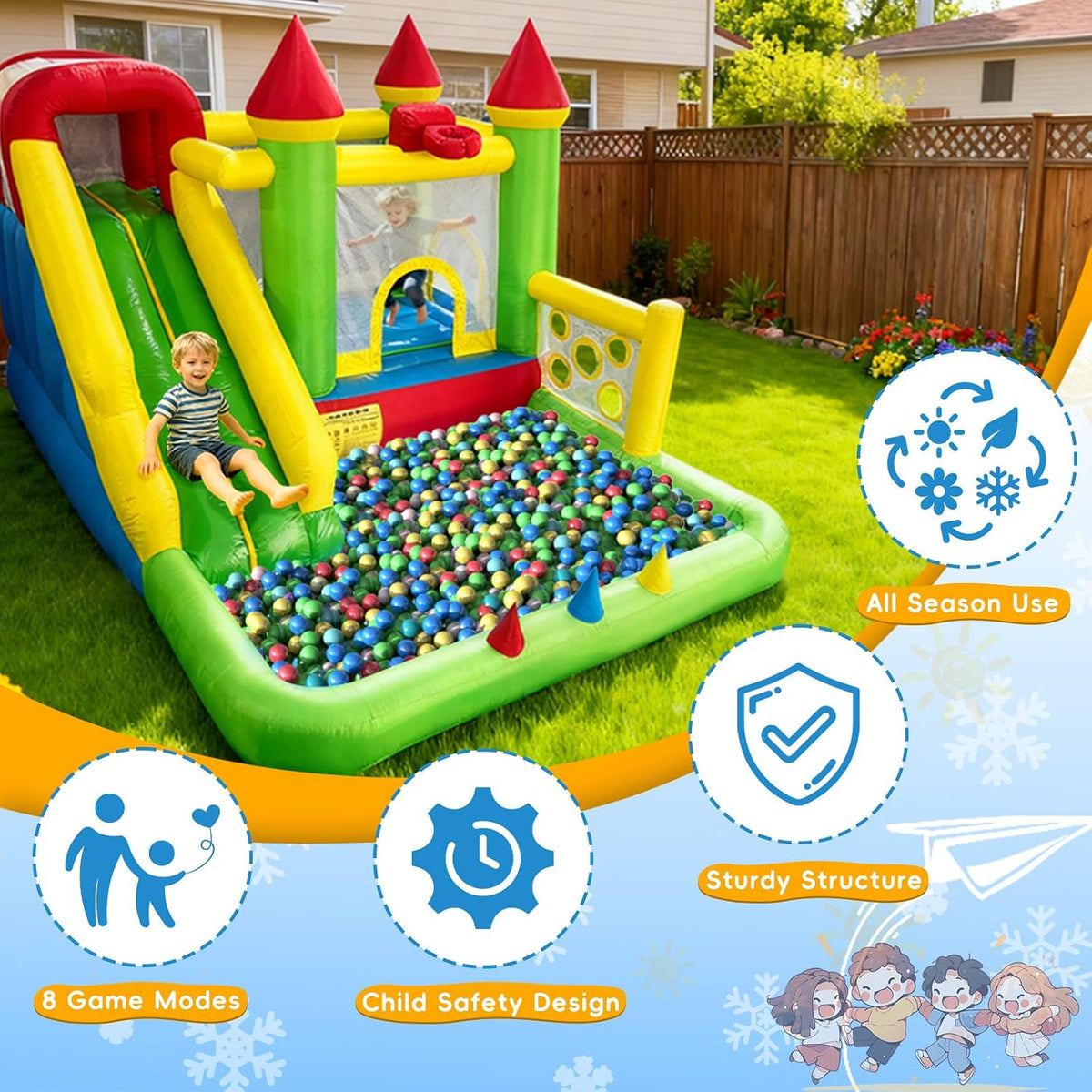 YARD Casa inflable de rebote para niños 3-6, 8 en 1 con tobogán, so...