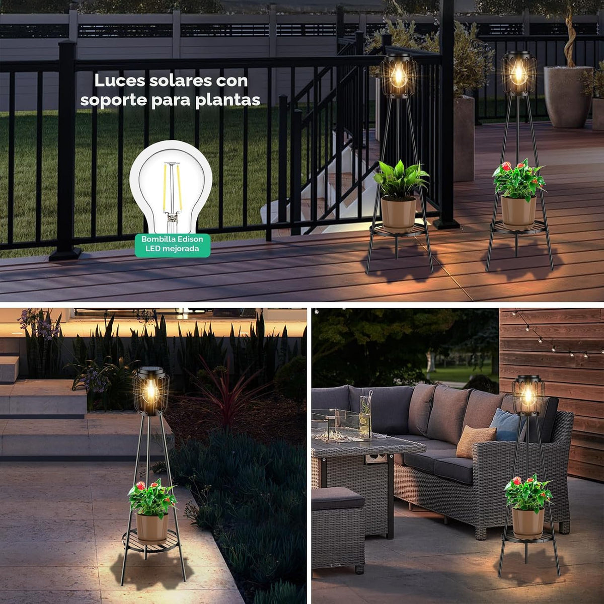 VISFLAIR Luces solares con soporte para plantas, lámpara de pie par...