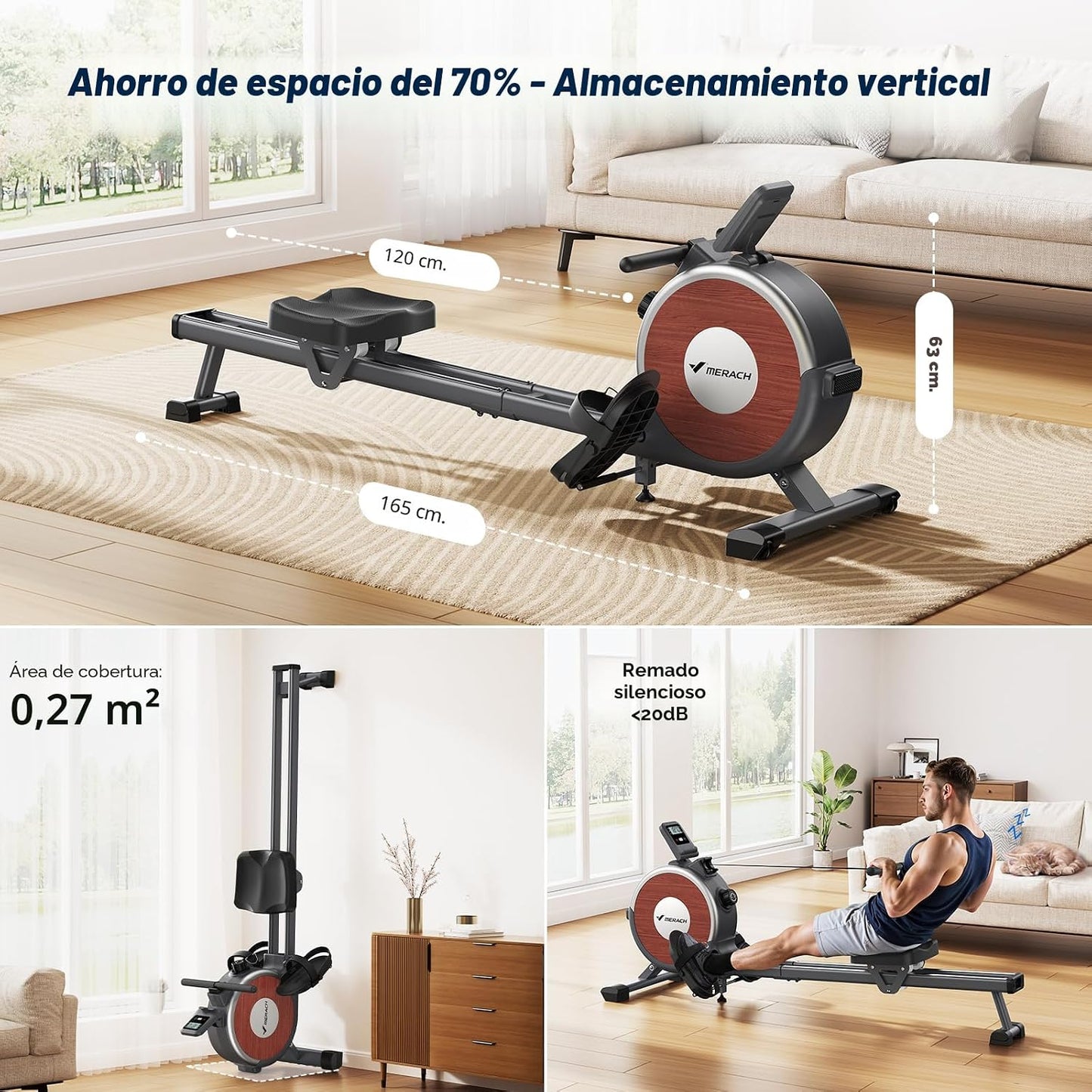 Máquina de remo magnética Merach Q1S para interiores, riel deslizan...