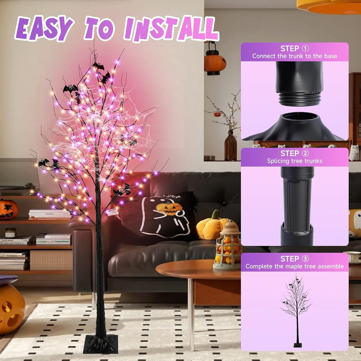 Árbol iluminado de Halloween con 260 luces LED, árbol de Halloween...
