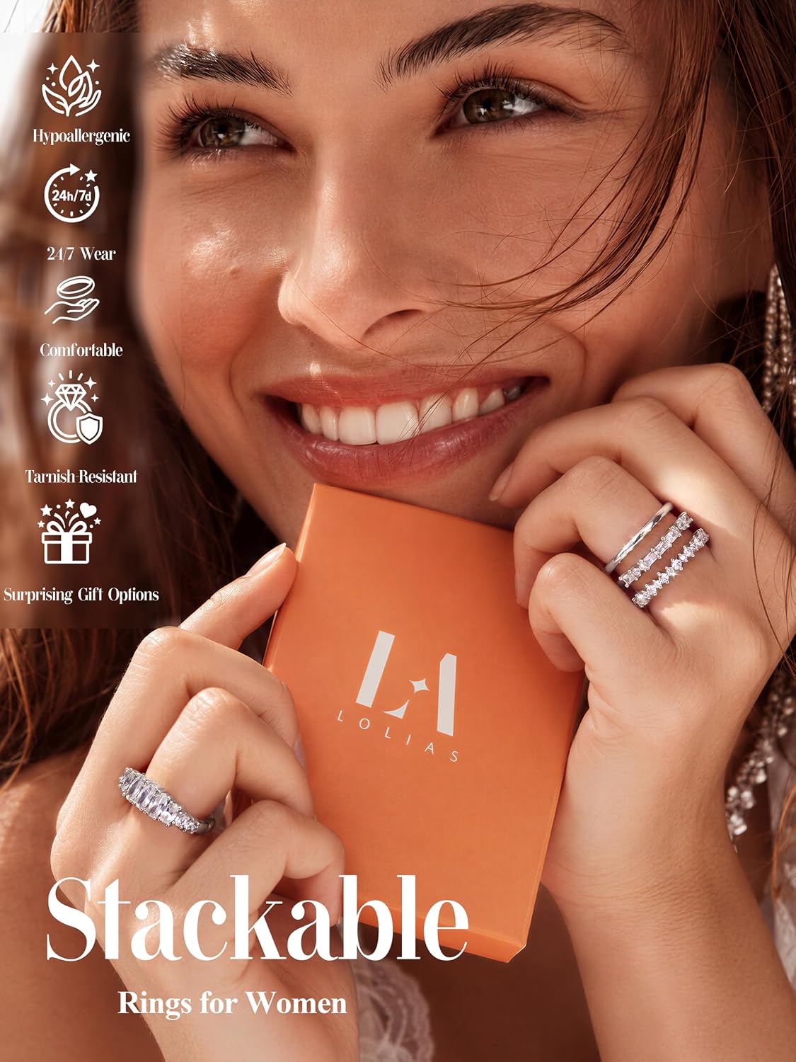 LOLIAS Anillos apilables chapados en oro de 14 quilates para mujer...
