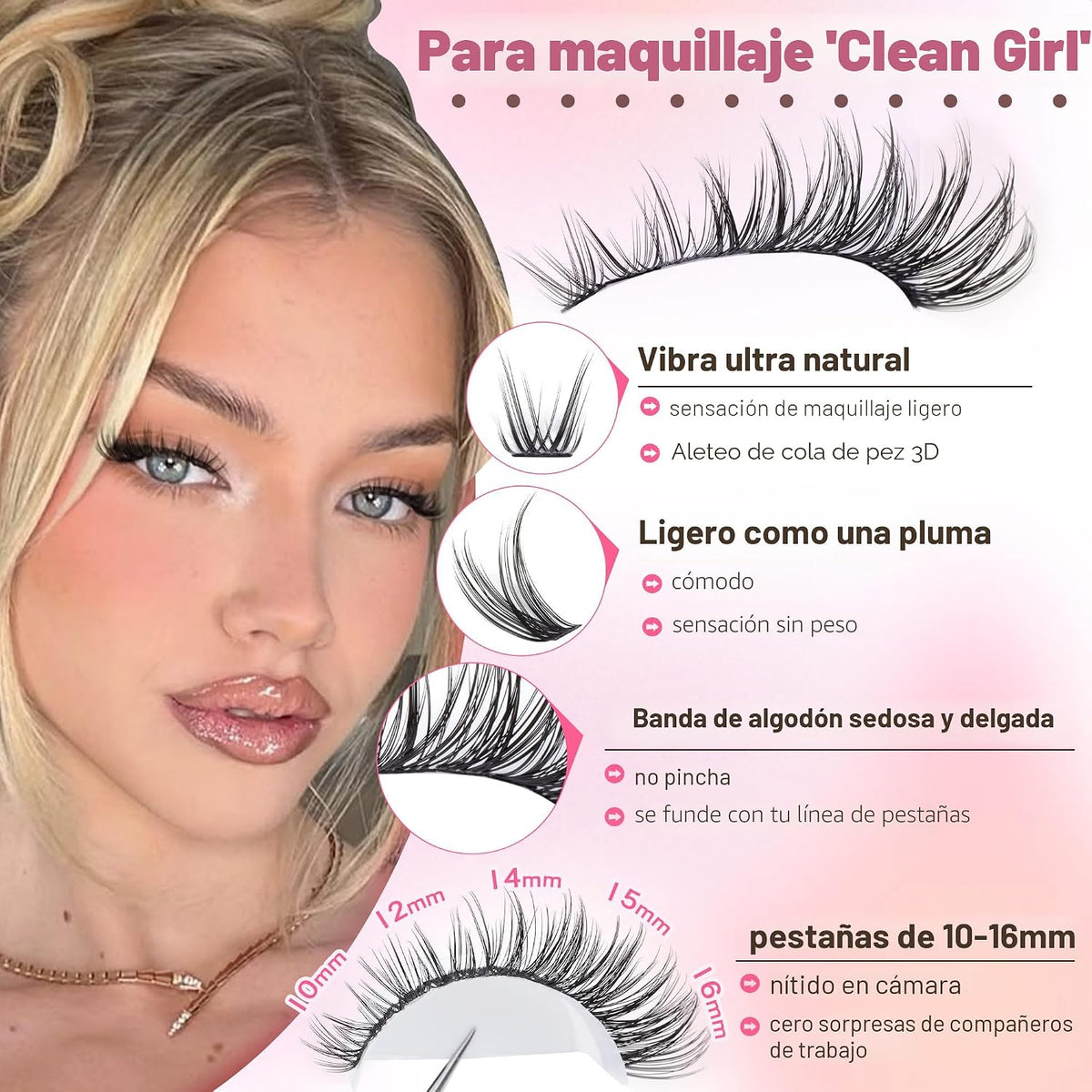 Extensiones de pestañas Goddvenus, naturales, en racimo, rizadas en...