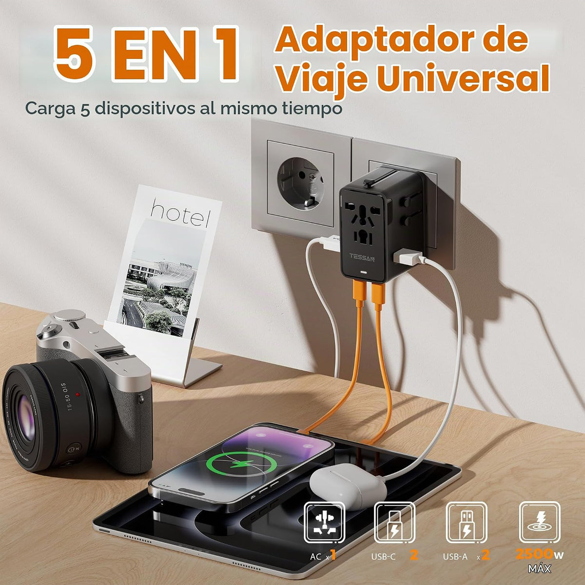 Adaptador de viaje universal TESSAN, adaptador de corriente interna...