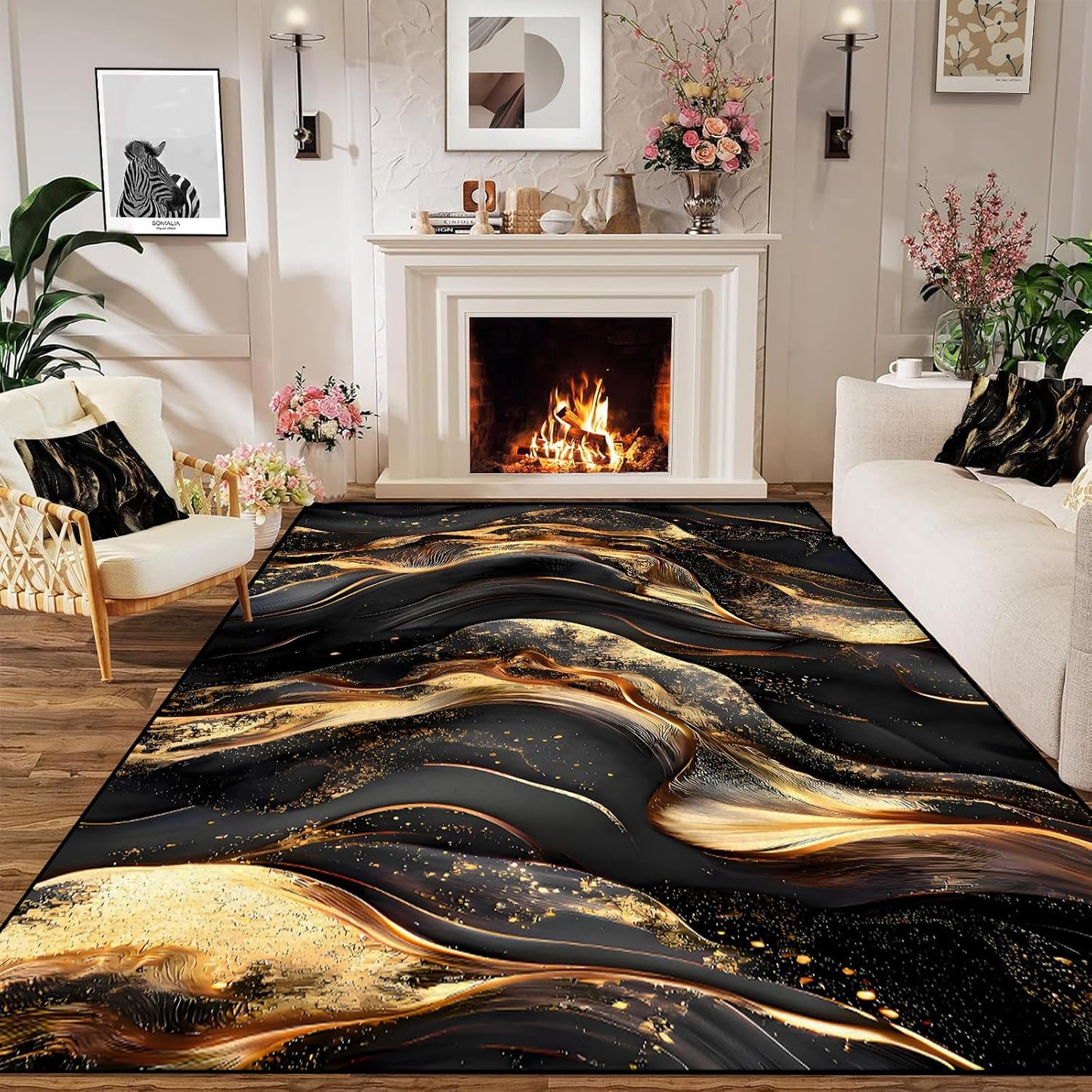 CERYUEE Alfombra de mármol de 5 x 7 pies, alfombra de mármol negro...