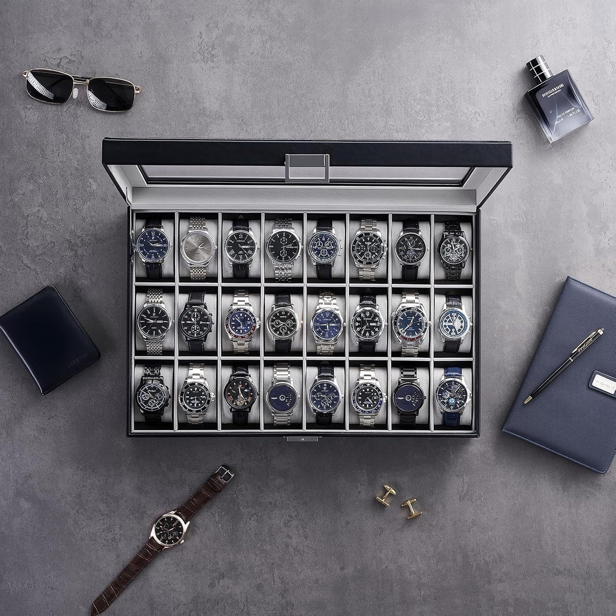 ProCase Caja de reloj para hombre, vitrina de 24 ranuras con tapa d...