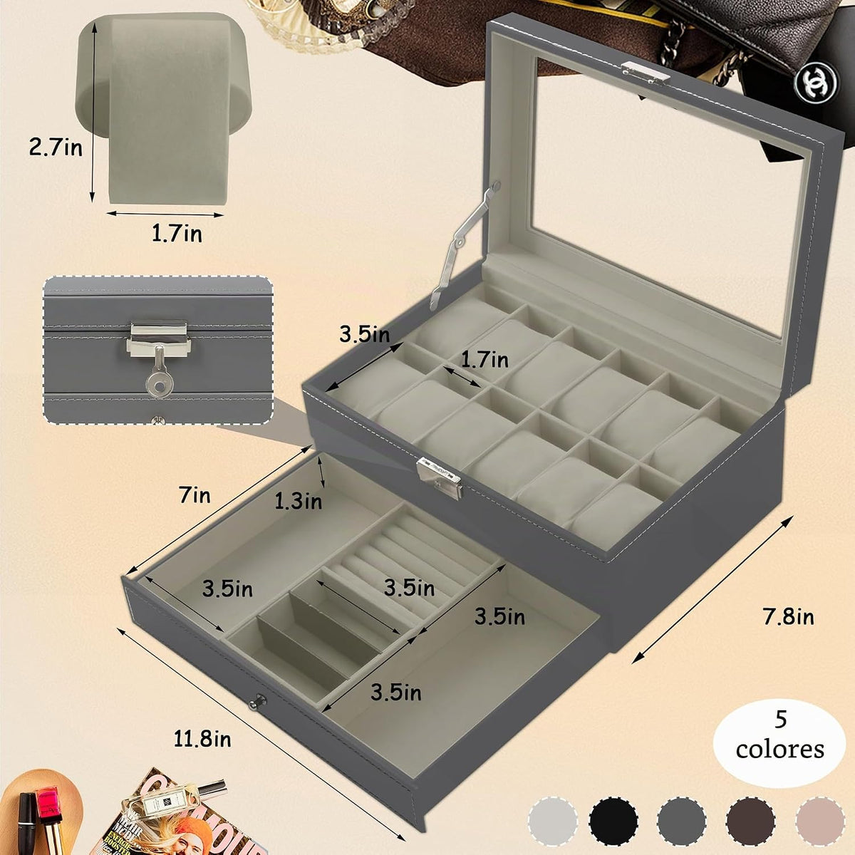 Ogrmar Caja de almacenamiento de reloj con cerradura de cuero PU de...