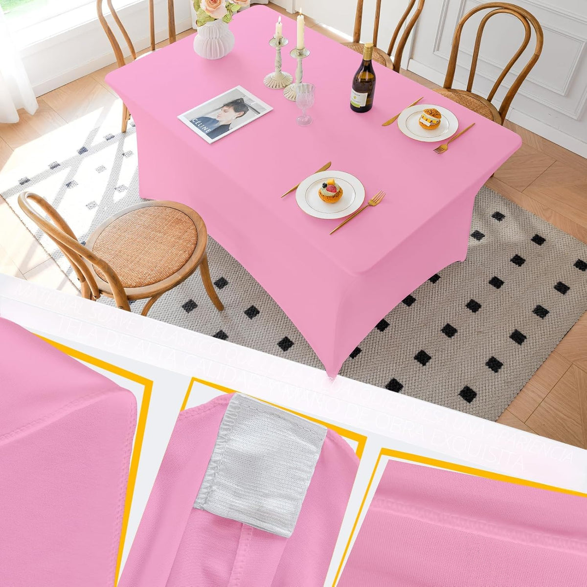 Famstar Paño de Mesa Rosa de 4 Pies de Elastano, Paño de Mesa Ajust...