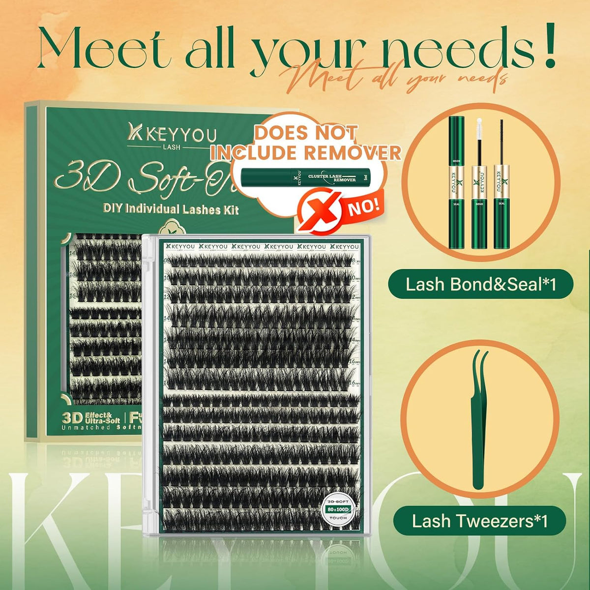 KEYYOU - Kit de racimos de pestañas 80D100D, 280 unidades, rizo D,...