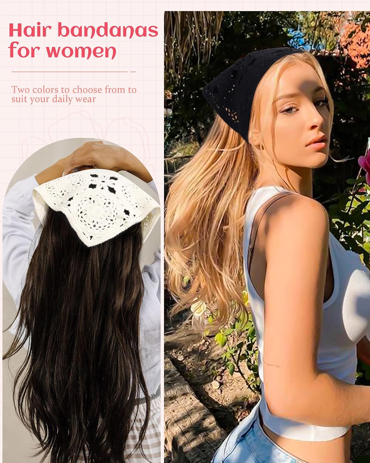 HAIMEIKANG Pañuelo floral de ganchillo para el cabello, 2 unidades,...
