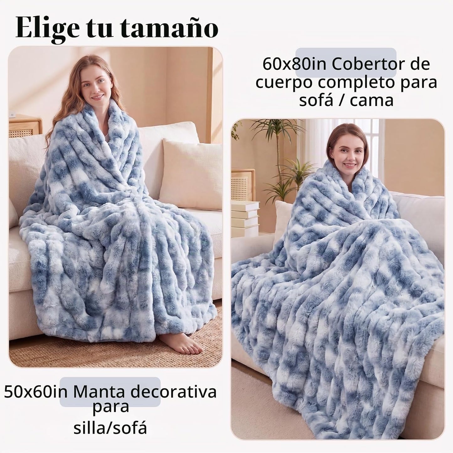 Opulapel Manta de Tiro de Piel Sintética Azul con Efecto Tie-dye Su...