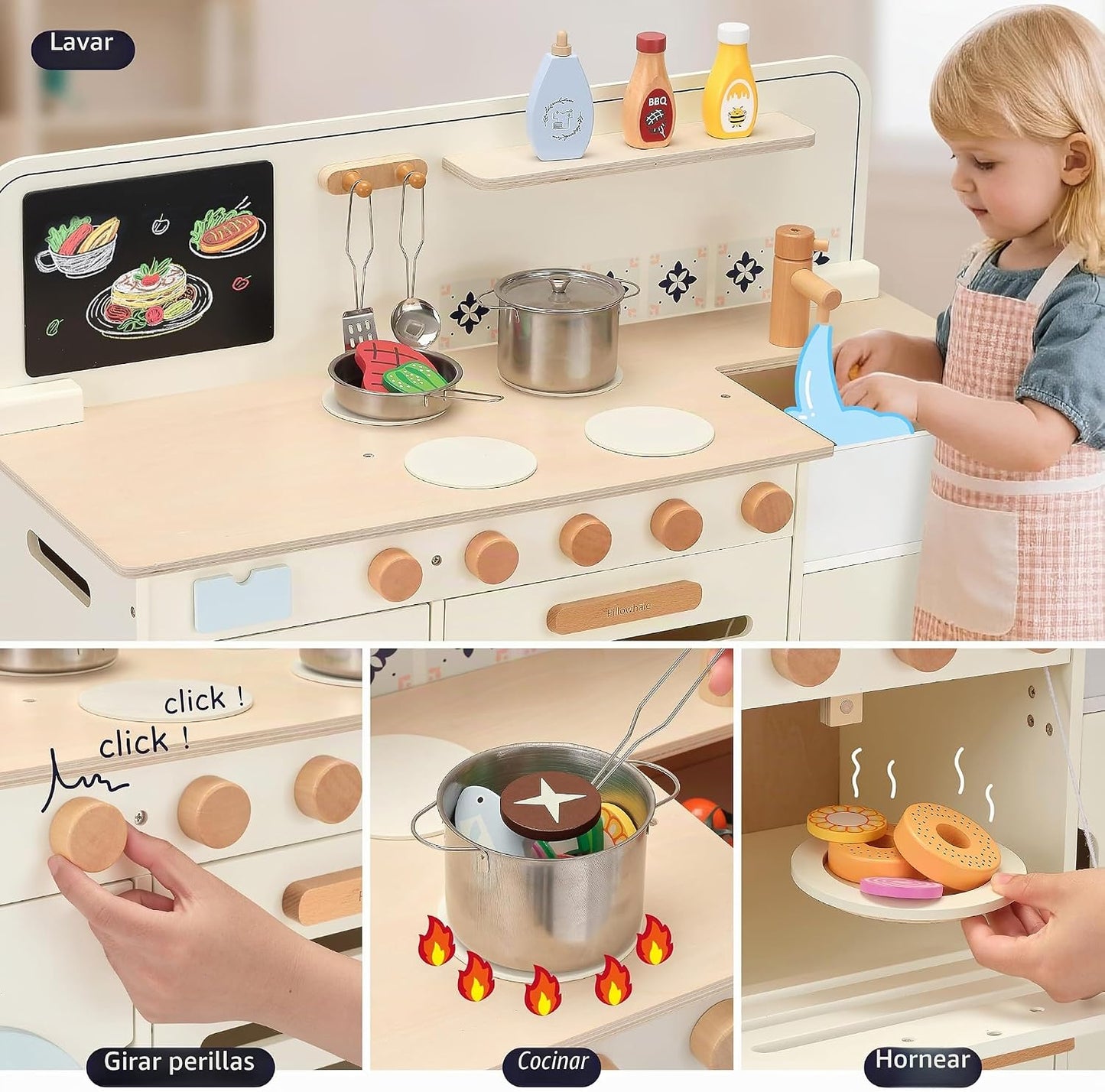 Juego de cocina de madera Pillowhale, juego de cocina grande intera...