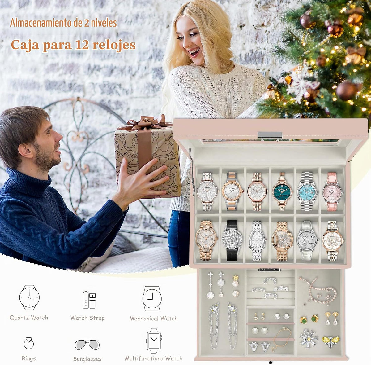 Ogrmar Cajas de almacenamiento de relojes con 12 ranuras de cuero P...
