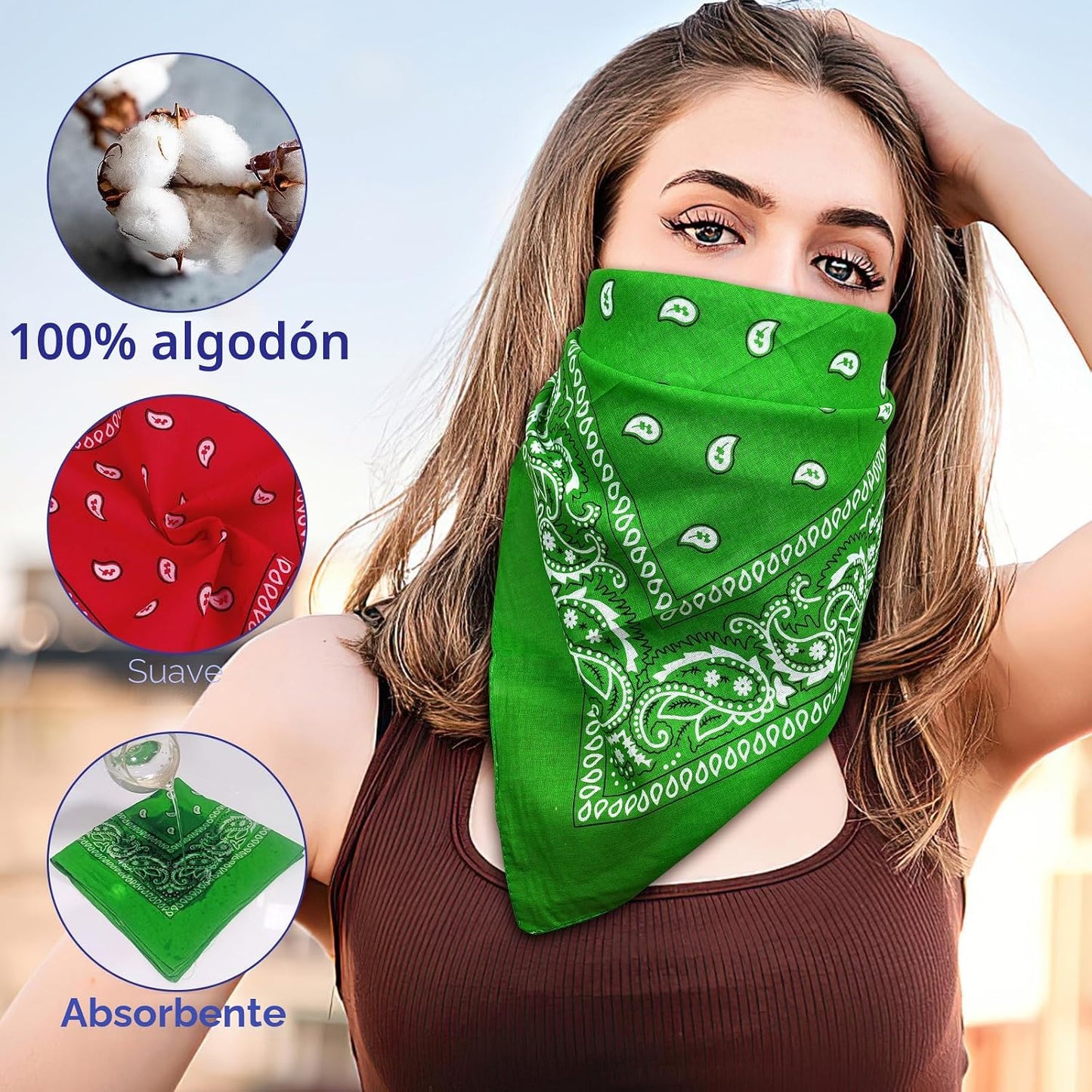 Paquete de 6 bandanas de algodón puro, pañuelo cuadrado multiusos,...