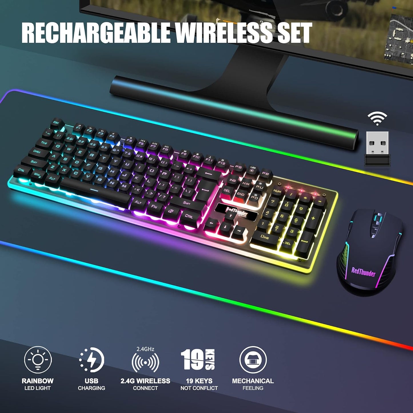 Combo de teclado y mouse inalámbrico para juegos RedThunder K10, ba...