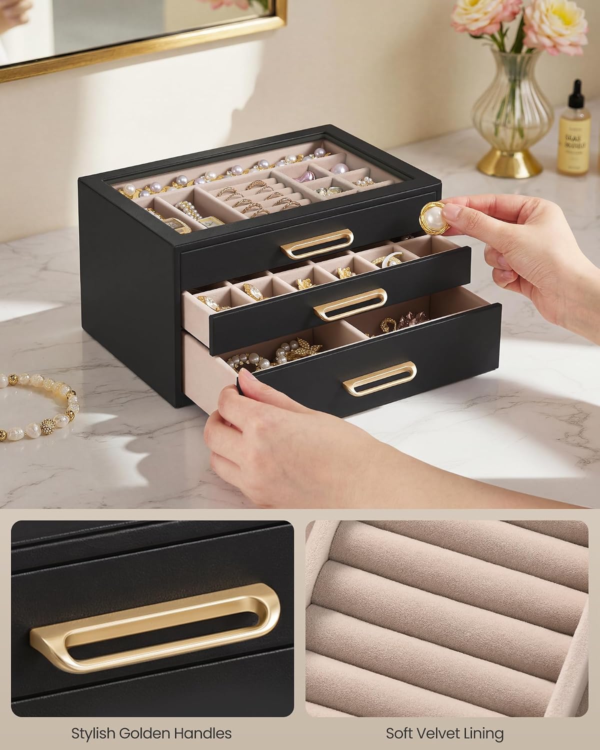 SONGMICS Joyero de 3 capas con ventana de cristal, organizador de a...