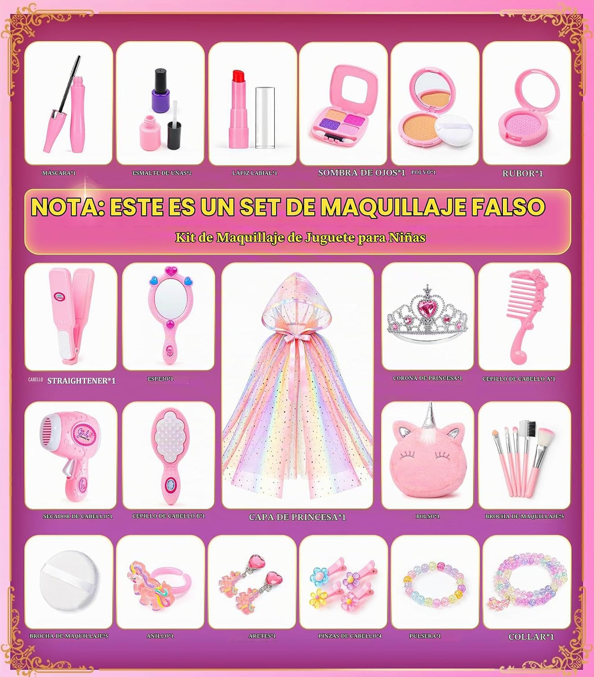 Kit de maquillaje para niñas BIBUTY, juguetes de princesa, maquilla...