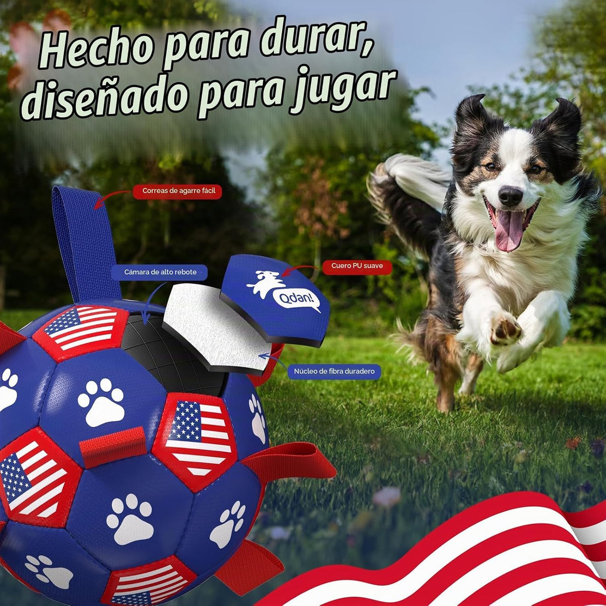 QDAN Juguetes para perros, pelota de fútbol con correas, bolas dura...
