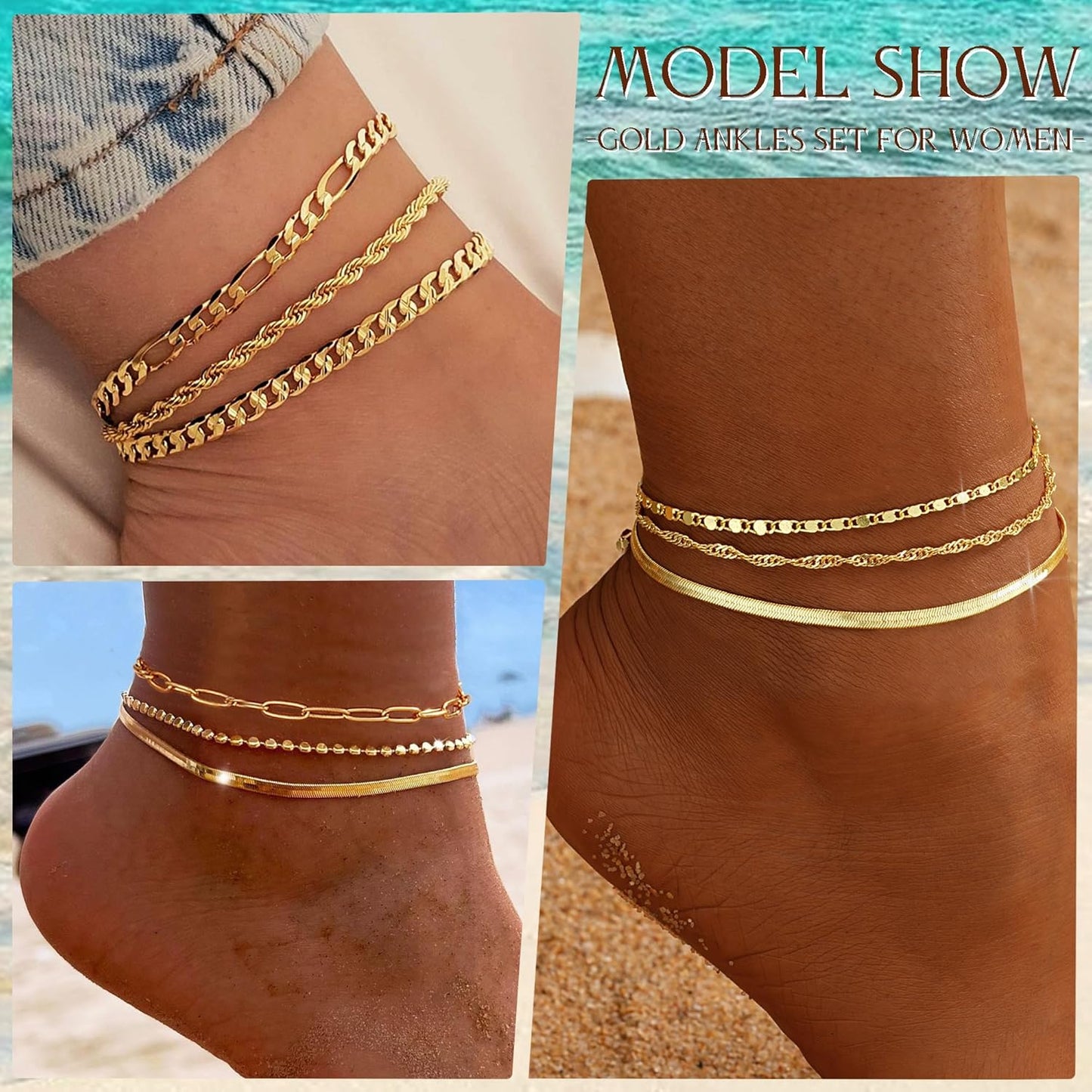 iF YOU Tobilleras de oro para mujer, chapadas en oro de 14 quilates...
