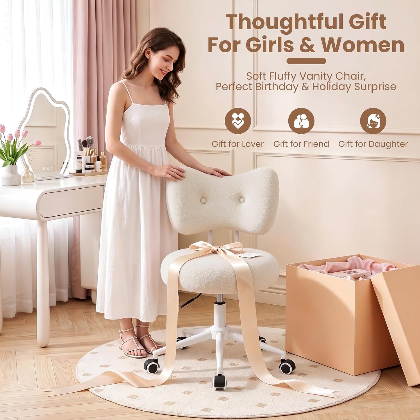 Silla de tocador pequeña con ruedas, cómoda silla de escritorio con...