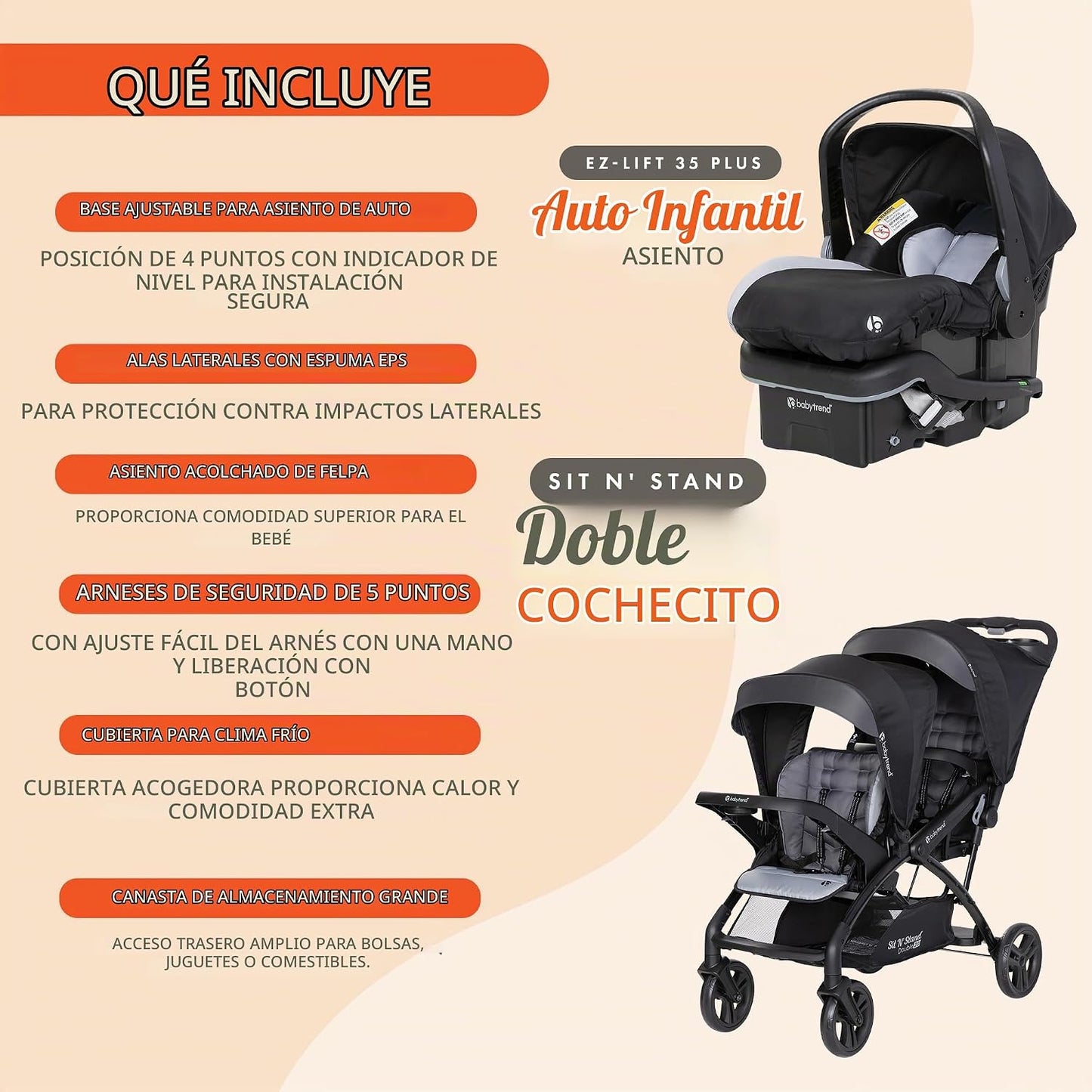 Carriola doble Baby Trend con 2 asientos de coche para bebés EZ-Lif...