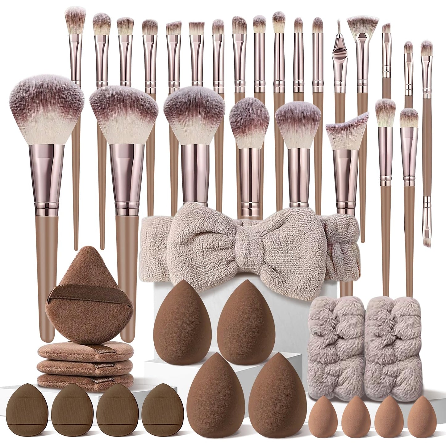 HGHDBT Juego de 44 brochas de maquillaje marrón, kit de maquillaje...