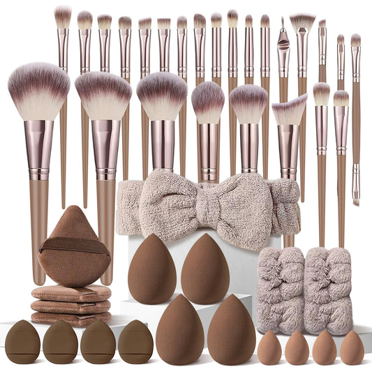 HGHDBT Juego de 44 brochas de maquillaje marrón, kit de maquillaje...