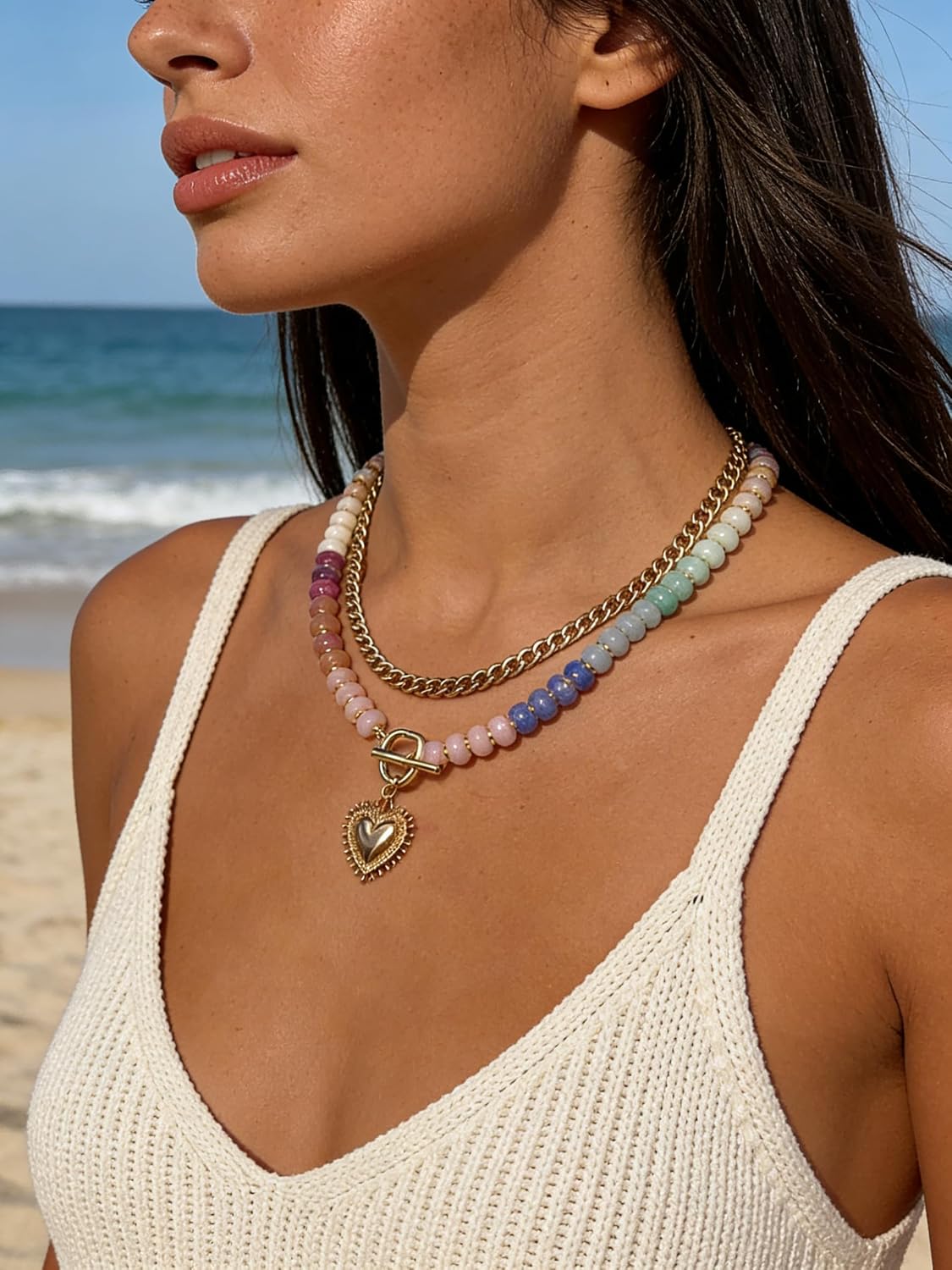 ALFISO Collares en capas para mujer, colgante de corazón chapado en...