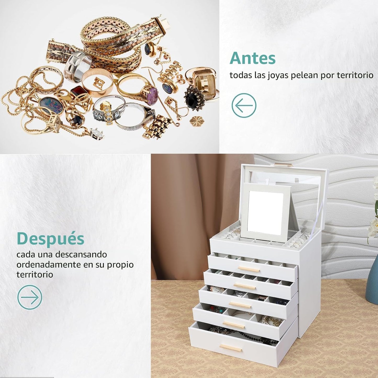 BOOVO Joyero para mujer, organizador de joyas grande de 6 capas neg...