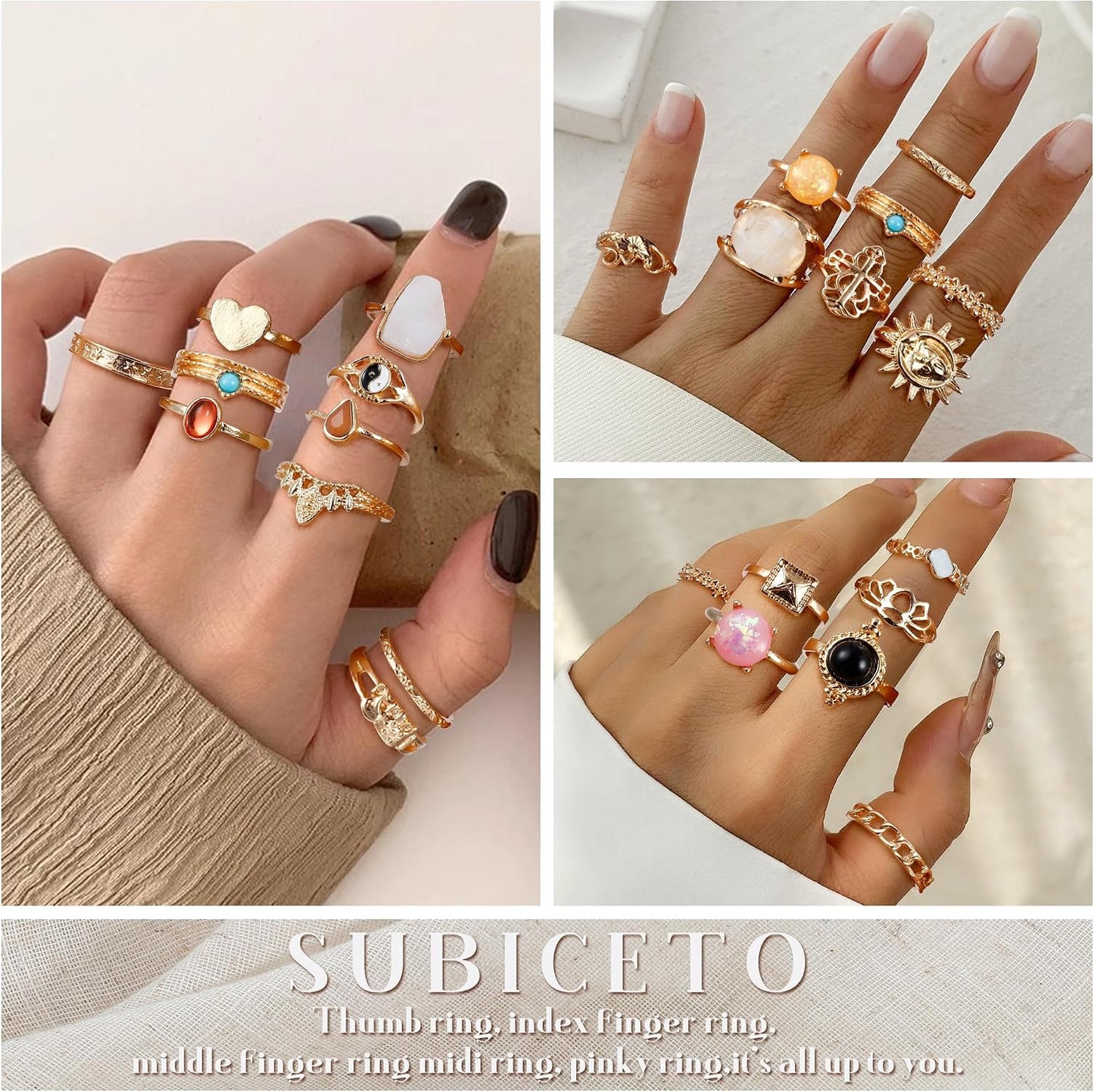Subiceto Juego de 70 anillos de nudillos de cristal vintage para mu...