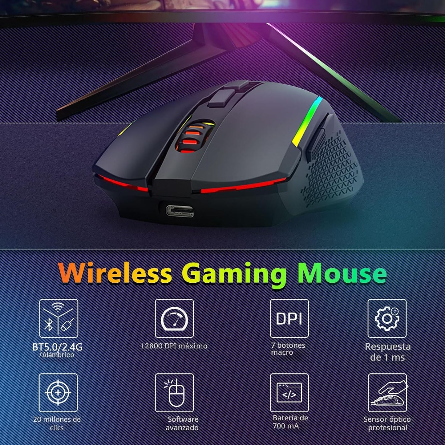 Redragon Combo de teclado y mouse inalámbricos para juegos, Bluetoo...