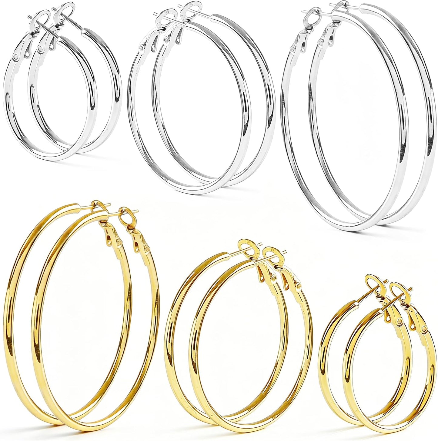 6 pares de aretes de aro de plata y oro para mujer - chapados en or...