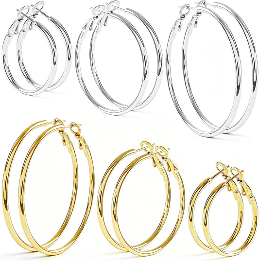 6 pares de aretes de aro de plata y oro para mujer - chapados en or...