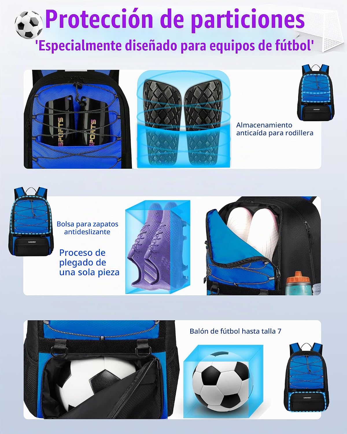 LOINTET Bolsa de fútbol juvenil, mochila de fútbol con compartiment...