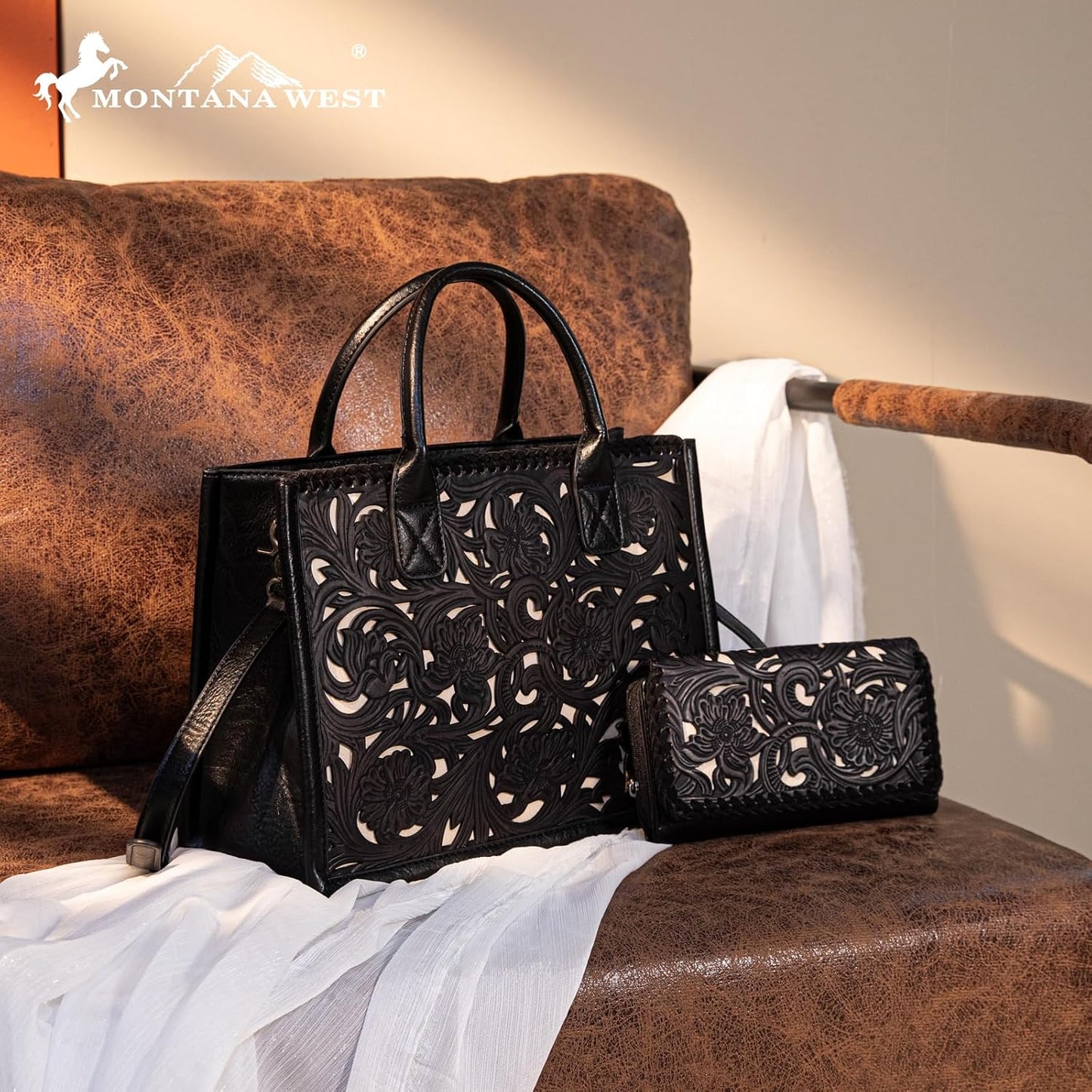 Trinity Ranch Bolsas tote para mujer con diseño floral repujado y f...
