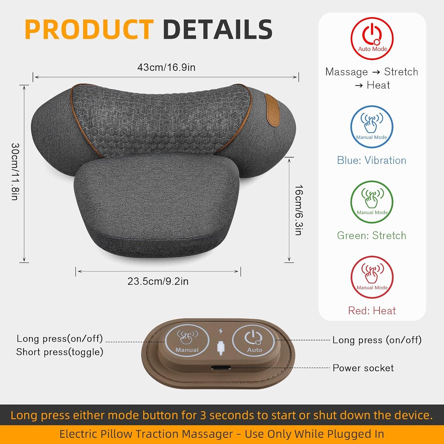 Voluart Almohada masajeadora de cuello 3 en 1 con calor y tracción,...