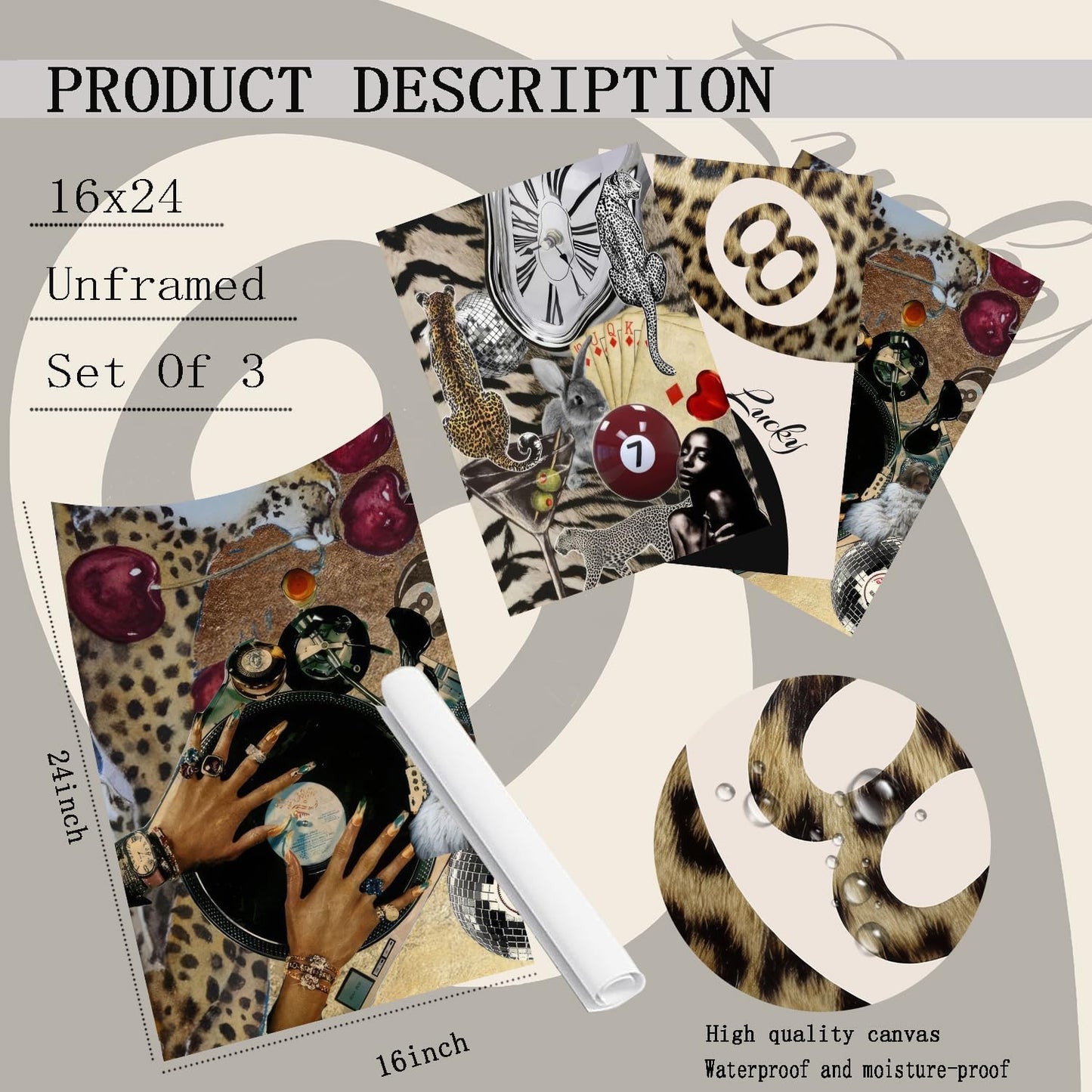 3 piezas de lienzo de guepardo a la moda, pintura de leopardo, deco...