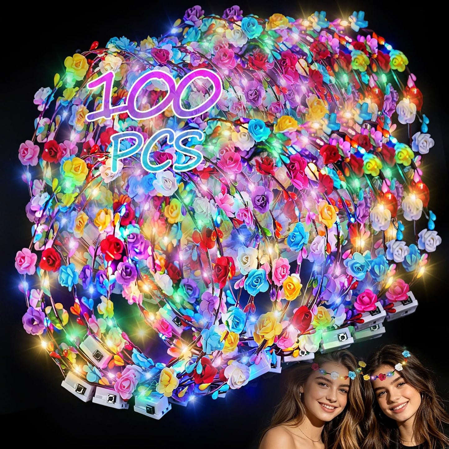 100 diademas LED con corona de flores, suministros de fiesta que br...