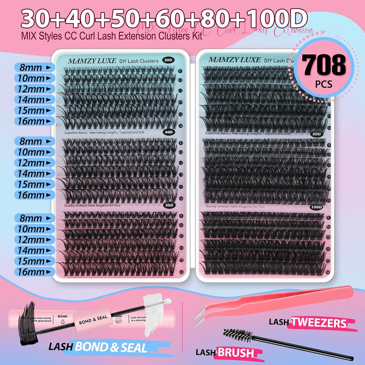 Kit de 708 extensiones de pestañas individuales en racimo 30D+40D+5...