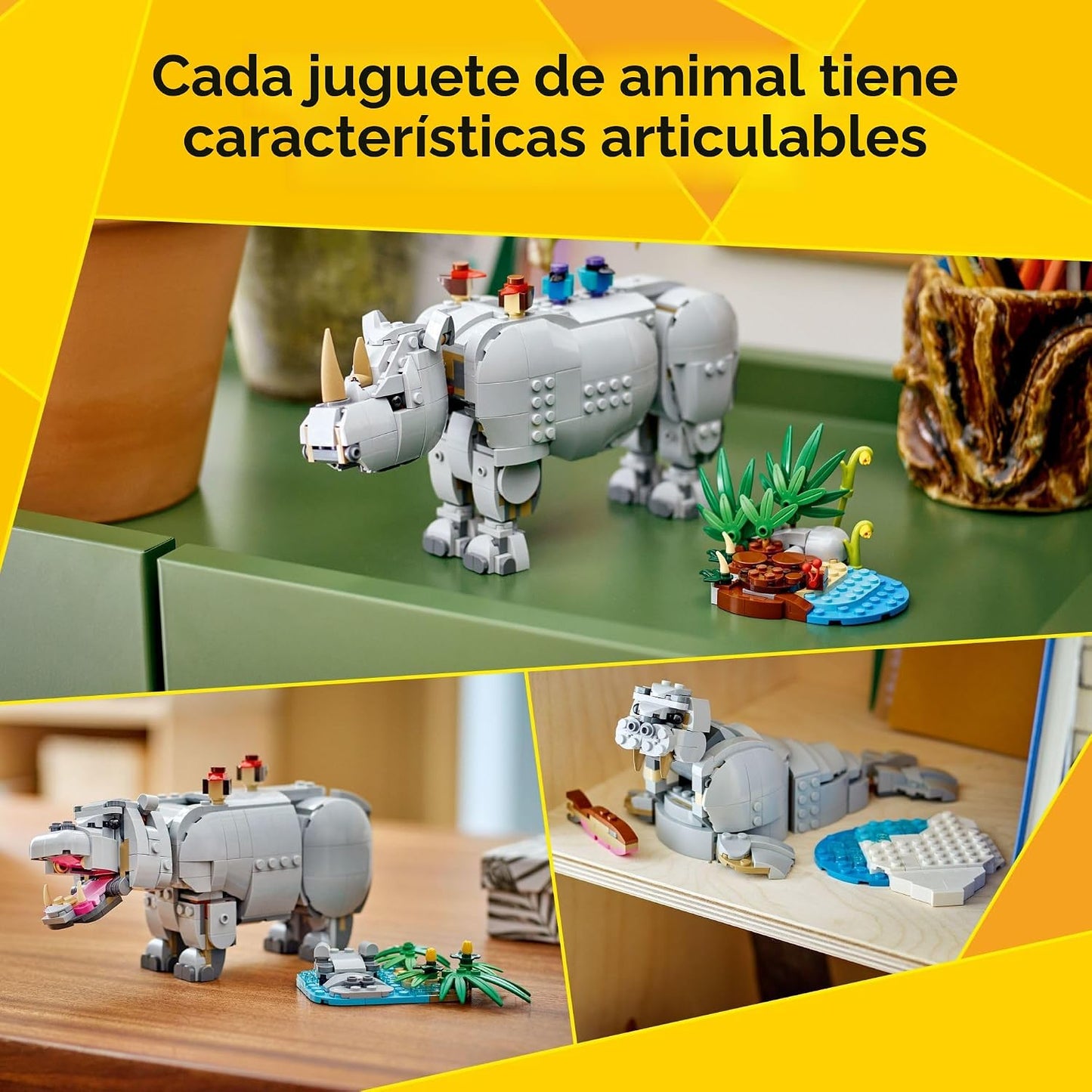 LEGO Creator 3 en 1 Wild Animals: Majestic Rinoceronte con pájaros...